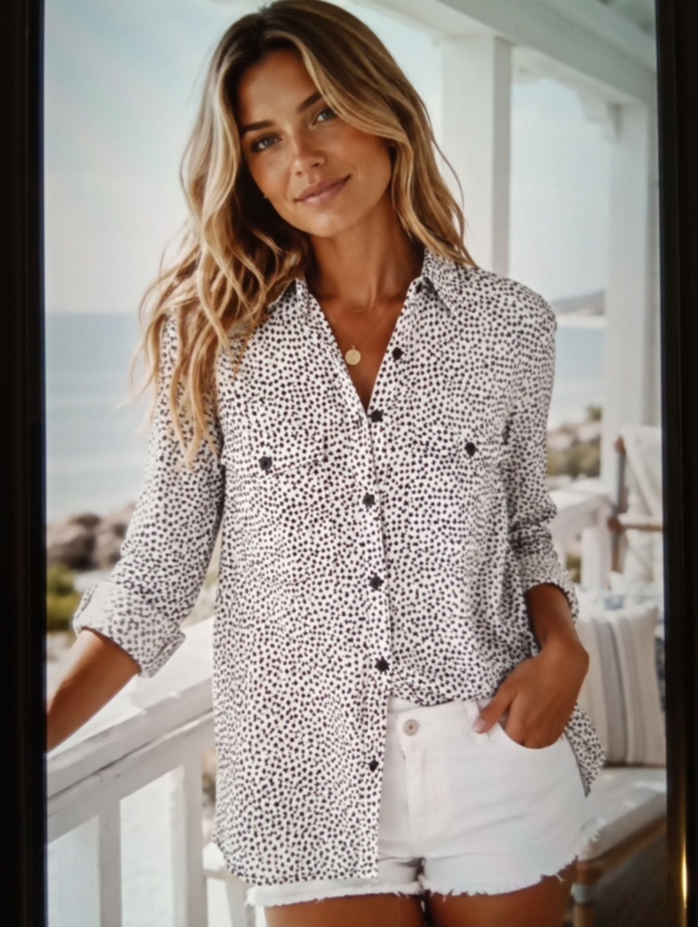 Denim & Supply Ralph Lauren White Button-Up Shirt Star All Over Coastal Womens